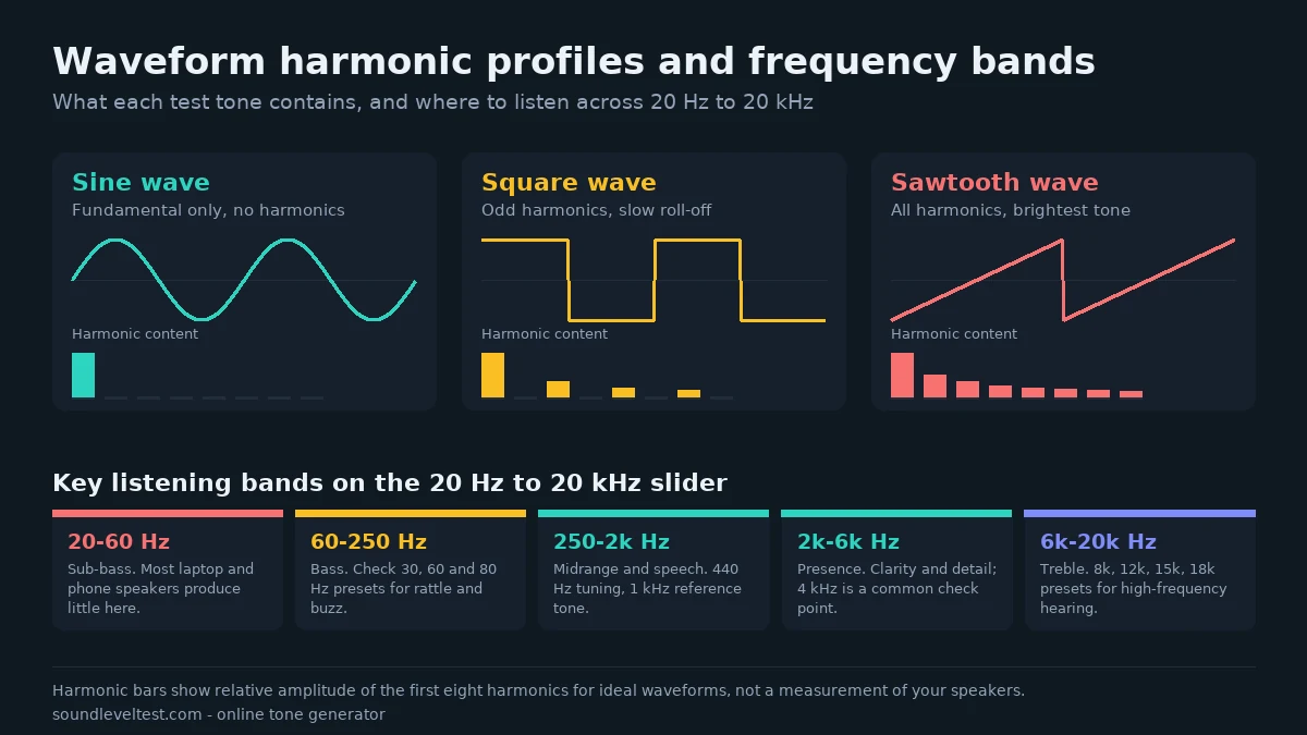 Diagram comparing sine, square and sawtooth waveforms with their harmonic content, and the key listening bands from 20 Hz to 20 kHz